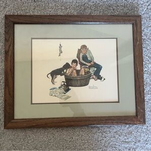 Norman Rockwell "A Lickin' Good Bath" Wooden Framed Vintage Print Americana Art